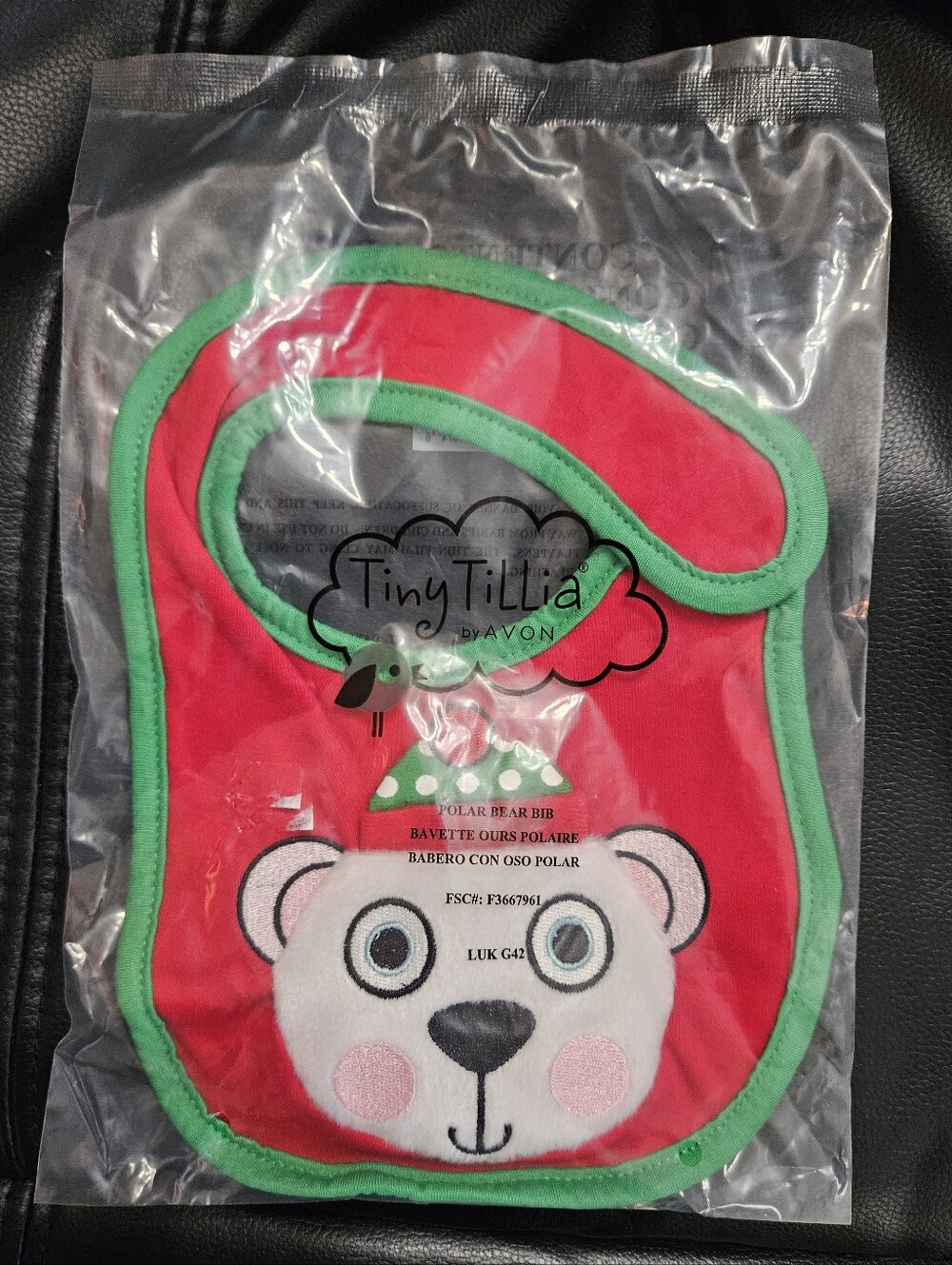 Avon Tiny Tillia Red Bib with Green Trim and Polar Bear Bib